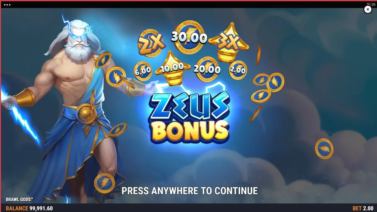 Tampilan visual slot Brawl Gods dengan desain layar terbagi Zeus dan Hades